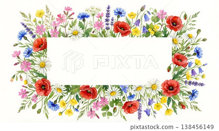 水彩野花草甸彩色畫框 138456149