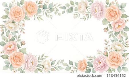 柔和夢幻的畫框,上面繪有水彩風格的蜜桃玫瑰和牡丹花。 柔和夢幻的畫框,上面繪有水彩風格的蜜桃玫瑰和牡丹花。 138456162
