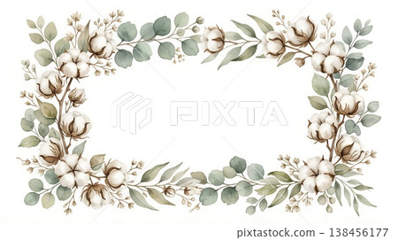 水彩棉花與尤加利畫框 138456177