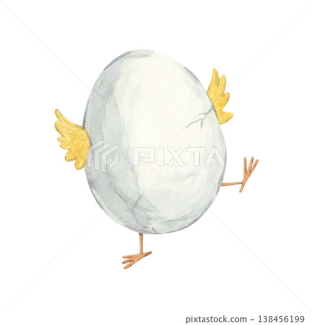 A playful watercolor illustration of a chicken in an eggshell, with only its feet visible A playful watercolor illustration of a chicken in an eggshell, with only its feet visible 138456199
