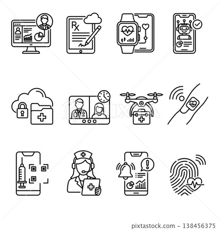 12 Advanced Telehealth and Digital Healthcare Line Icon Set. Future Medical Technology and Smart Wellness Symbols 12 Advanced Telehealth and Digital Healthcare Line Icon Set. Future Medical Technology and Smart Wellness Symbols 138456375