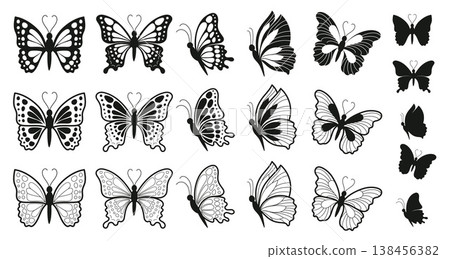 Butterfly Elements Set. Hand-Drawn Silhouette and Outline Butterflies, Decorative Designs in a vector doodle illustration Butterfly Elements Set. Hand-Drawn Silhouette and Outline Butterflies, Decorative Designs in a vector doodle illustration 138456382