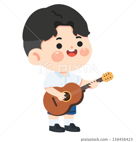 Boy student playing guitar for music practice Boy student playing guitar for music practice 138456423