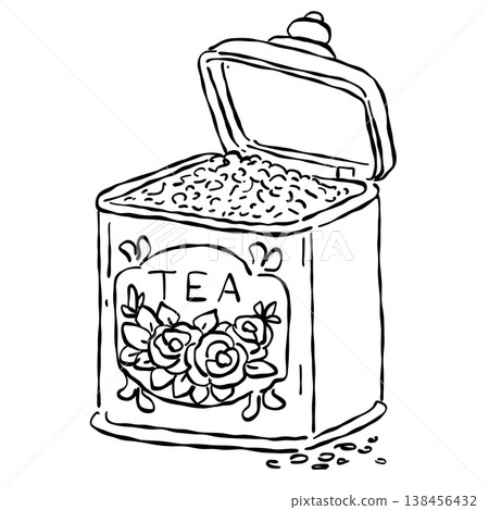 Vintage Tea Tin Container With Open Lid Filled With Loose Tea Leaves Floral Decorative Label Classic Tea Storage Line Art Illustration 138456432