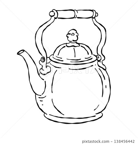 Vintage Classic Tea Kettle With Handle Traditional Tea Brewing Pot Elegant Kitchen Tea Preparation Line Art Illustration 138456442