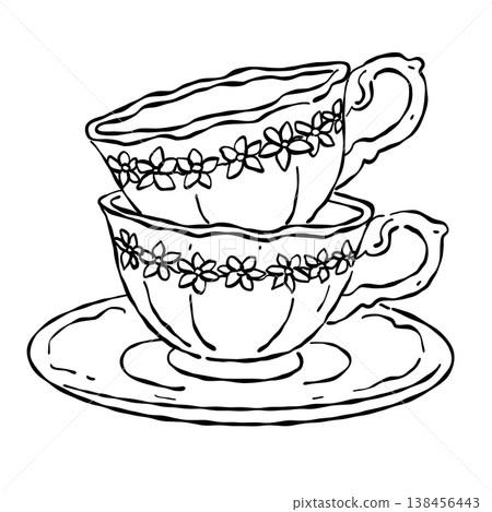 Vintage Floral Porcelain Teacups Stacked On Saucer Elegant Afternoon Tea Tableware Romantic Tea Party Line Art Illustration 138456443