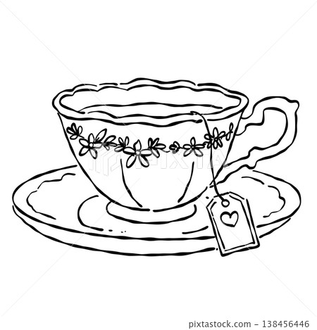 Vintage floral tea cup with tea bag tag elegant afternoon tea drink porcelain cup saucer cozy tea time line art clipart Vintage floral tea cup with tea bag tag elegant afternoon tea drink porcelain cup saucer cozy tea time line art clipart 138456446