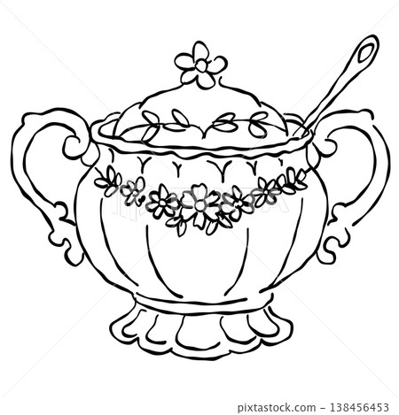 Vintage Floral Porcelain Sugar Bowl With Spoon Elegant Tea Service Tableware Afternoon Tea Line Art Illustration Vintage Floral Porcelain Sugar Bowl With Spoon Elegant Tea Service Tableware Afternoon Tea Line Art Illustration 138456453