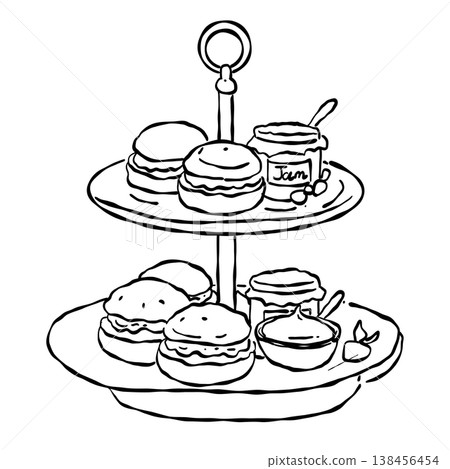 Elegant Afternoon Tea Dessert Stand With Macarons Jam Scones And Strawberries Vintage Tea Party Line Art Illustration 138456454
