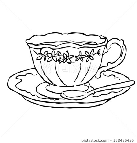Vintage Floral Porcelain Teacup With Saucer Elegant Afternoon Tea Drink Romantic Tea Party Tableware Line Art Illustration 138456456
