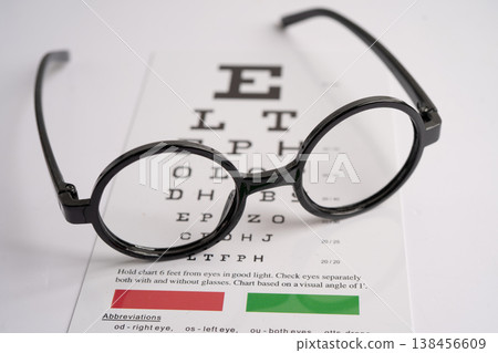 Glasses on eye testing exam chart to check eyesight accuracy of reading. 138456609