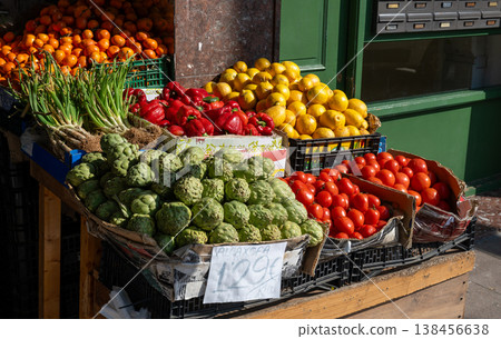 Fresh vegetables and fruits display at local street market in Barcelona Spain colorful organic produce assortment 138456638