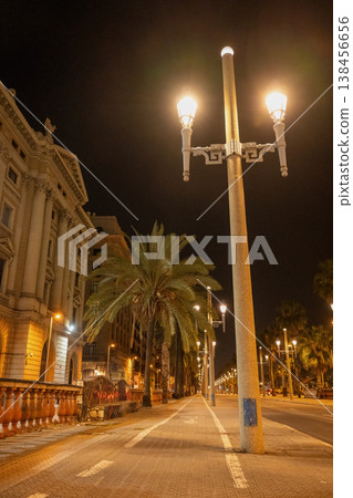 Palm lined promenade with street lights at night in Barcelona Spain urban cityscape 138456656