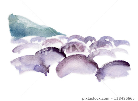 Lavender farmland pattern in purple flowering rows, distant mountain silhouette. Illustration hand drawn in loose watercolor. Agricultural landscapes, countryside posters, Provence travel imagery. 138456663