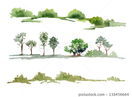 Rows of deciduous trees, low shrubs or bushes, lush foliage plants. Landscape isolated elements hand drawn in watercolor. Travel souvenirs design, farm tourism marketing, natural cosmetics visuals 138456664