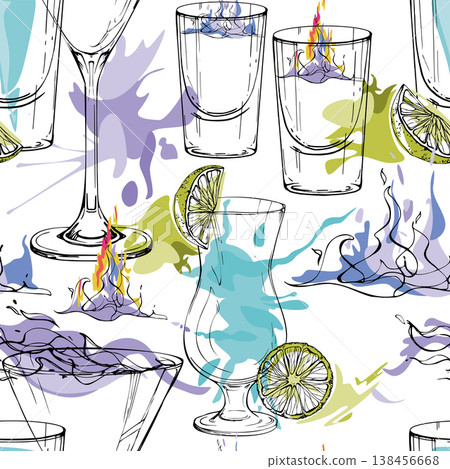 Flaming Sambuca, martini, vodka shots, Aviation and Ocean Breeze, electric lemonade. Cool cocktail tile hand drawn seamless pattern for nightlife branding, content backgrounds, stationery and merch. Flaming Sambuca, martini, vodka shots, Aviation and Ocean Breeze, electric lemonade. Cool cocktail tile hand drawn seamless pattern for nightlife branding, content backgrounds, stationery and merch. 138456668