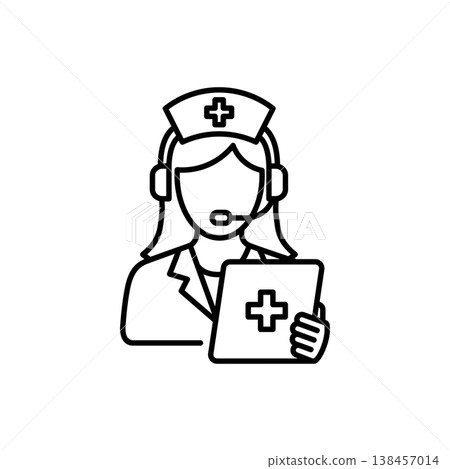 Female nurse with a communication headset and tablet, providing remote medical support and patient care assistance. Female nurse with a communication headset and tablet, providing remote medical support and patient care assistance. 138457014