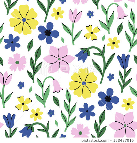 Seamless pattern with pink, yellow, and blue flowers on a white background. Vector graphics. Seamless pattern with pink, yellow, and blue flowers on a white background. Vector graphics. 138457016