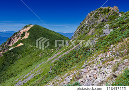 從山脊線回望八嶽山脈,我們可以看到東天嶽和西天嶽的山頂。 從山脊線回望八嶽山脈,我們可以看到東天嶽和西天嶽的山頂。 138457255