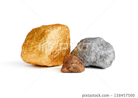 Gold, Silver and Copper Nuggets Isolated on White Background. Precious Metals Concept Gold, Silver and Copper Nuggets Isolated on White Background. Precious Metals Concept 138457500