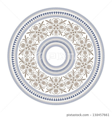Decorative round plate with greek floral pattern. Greek key meanders. Ornate greek seamless pattern. Seamless pattern with decorative elements. Template Vector for design, plate, porcelain, pottery. Decorative round plate with greek floral pattern. Greek key meanders. Ornate greek seamless pattern. Seamless pattern with decorative elements. Template Vector for design, plate, porcelain, pottery. 138457661