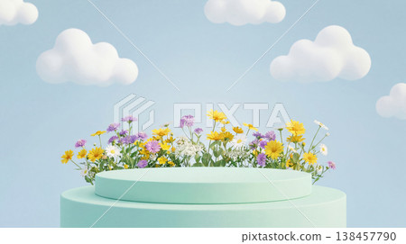 Colorful summer podium pastel flower display sky cloud nature minimal Colorful summer podium pastel flower display sky cloud nature minimal 138457790