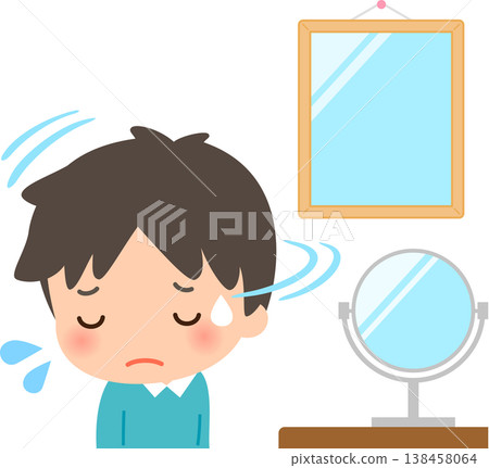 A young man turns his face away from the mirror. 138458064