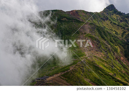 Clouds rising from the main peak of Yokodake, as seen from Ioudake in the Yatsugatake mountain range. Clouds rising from the main peak of Yokodake, as seen from Ioudake in the Yatsugatake mountain range. 138458102