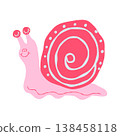 Cute snail colorful hand drawn illustration. Pink small snail, flat hand drawn vector illustrations isolated on white background 138458118