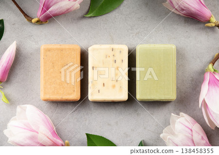 Natural Handmade Soap Bars with Flowers on Gray Background 138458355
