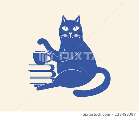 Blue Cat Reading Books and Drinking Coffee. Naive hand drawn illustration. 138458397