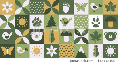 Geometric nature background with woodland elements like mountains, trees, animals and birds. Ecology background. 138458400