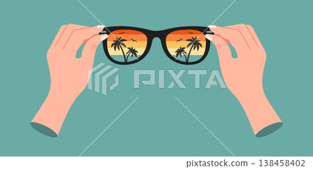 Hands Holding Sunglasses with Tropical Sunset Reflection. Fun summer illustration. 138458402