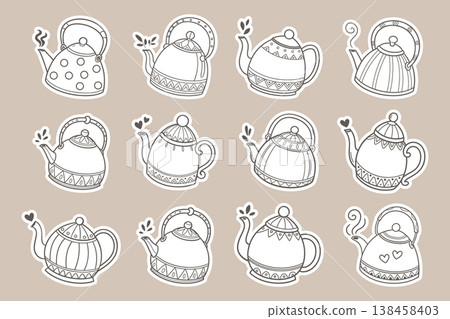 Hand drawn cute teapots and kettles collection. Line art doodle illustration. Stickers set. 138458403