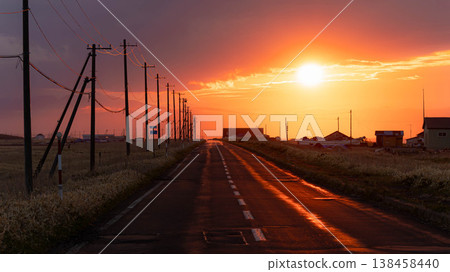 A poignant scene of the Notsuke-Furen Park Line on the Notsuke Peninsula in Hokkaido at dusk as the sun sets. 138458440