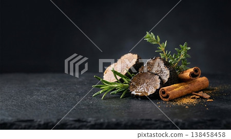 Gourmet food composition on dark background with copy space 138458458