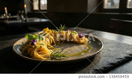 Pasta with truffle in restaurant setting with copy space 138458459