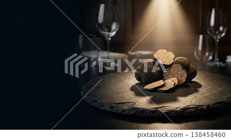 Black truffle on stone plate in restaurant setting with copy space 138458460