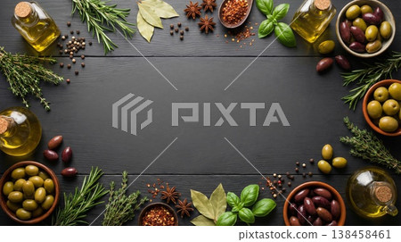 Mediterranean food ingredients frame on dark table with copy space Mediterranean food ingredients frame on dark table with copy space 138458461