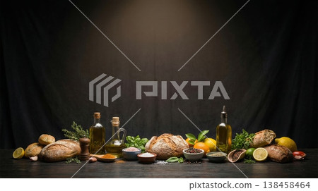 Assorted gourmet food ingredients on table with copy space on dark background Assorted gourmet food ingredients on table with copy space on dark background 138458464