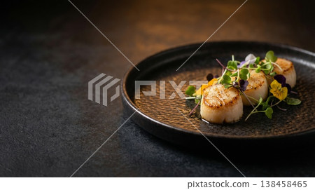 Seared scallops with microgreens on dark plate with copy space 138458465
