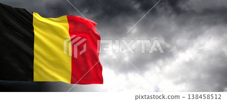 National flag of Belgium with dark clouds, 3D rendering National flag of Belgium with dark clouds, 3D rendering 138458512