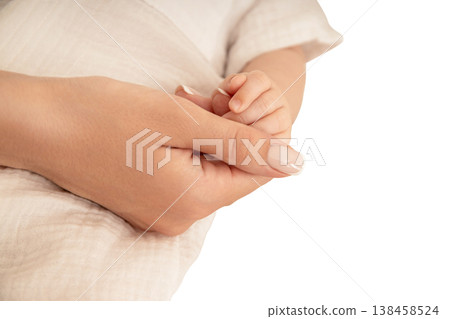 A mother gently holds her newborn's tiny hand, isolated, PNG A mother gently holds her newborn's tiny hand, isolated, PNG 138458524