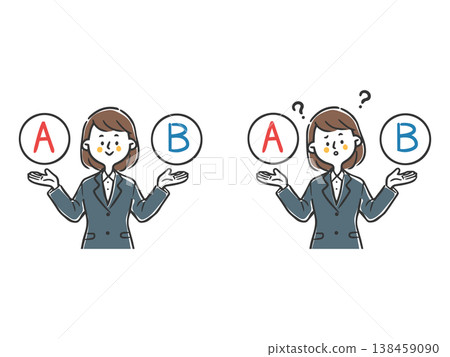 A choice between options A and B; a female office worker struggling to decide; upper body; vector. 138459090