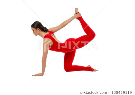 Yoga practice shows a woman in a balanced pose, PNG 138459119
