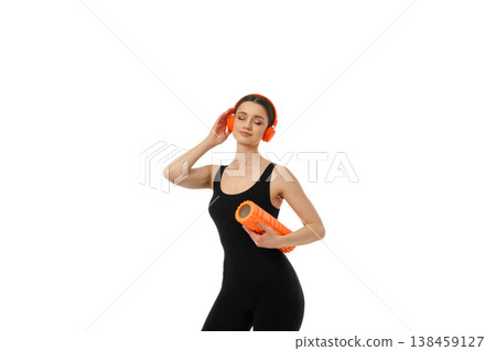 Yoga session with a young woman using foam roller, PNG 138459127