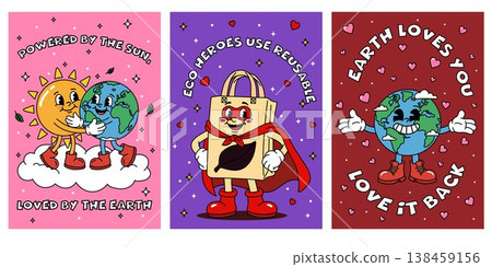 Environmental Cartoon Posters with Earth Sun and Reusable Bag Environmental Cartoon Posters with Earth Sun and Reusable Bag 138459156