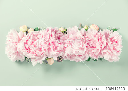 Row of Pink Peonies on Soft Green Background 138459223