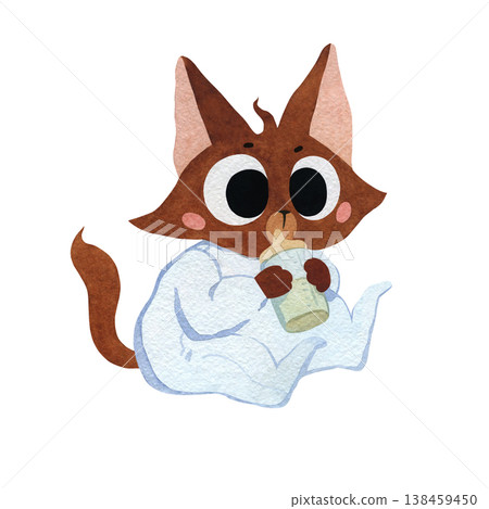Watercolor illustration with a cute kitten in a romper and a baby milk bottle 138459450