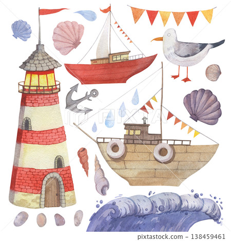 A set of watercolor illustrations on a marine theme isolated on a white background 138459461